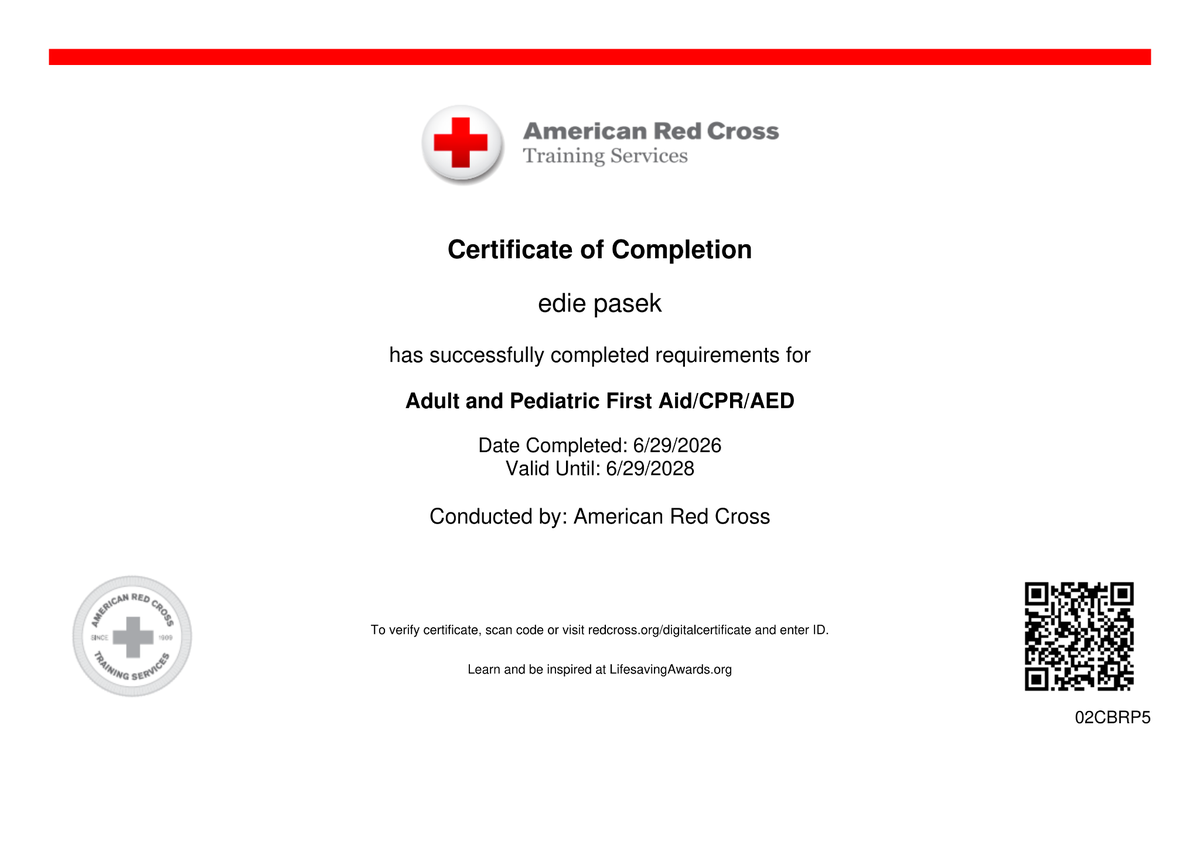 American Red Cross Adult and Pediatric First Aid CPR AED certificate for Edie Pasek