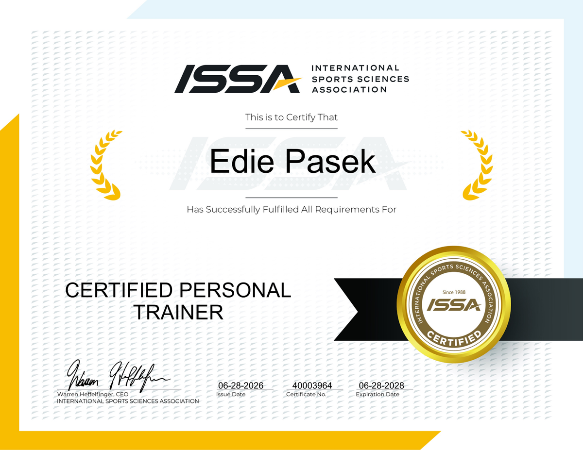 ISSA Certified Personal Trainer certificate for Edie Pasek