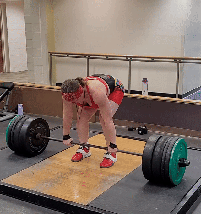 Edie deadlifting in the gym